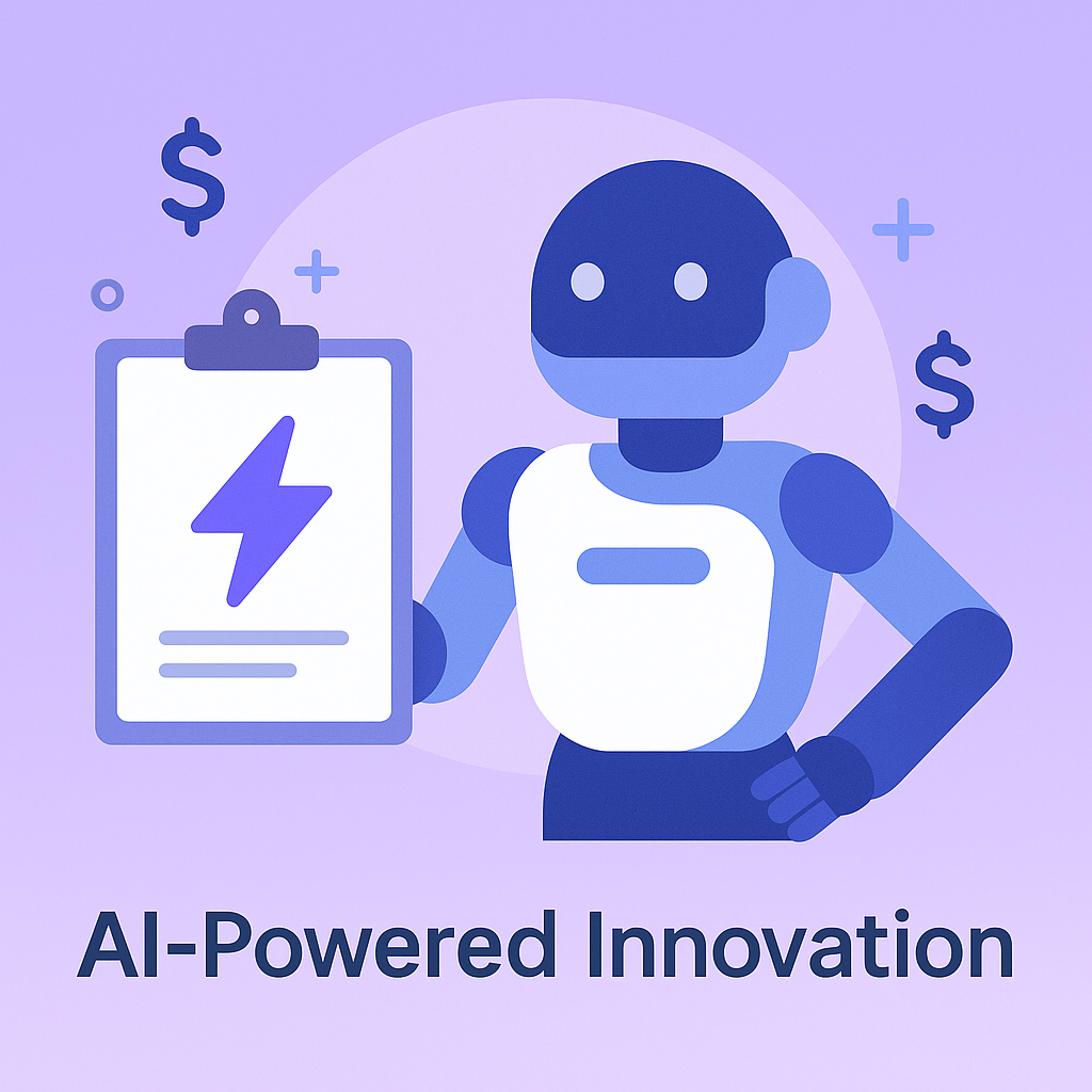 AI-Powered Innovation - Robot with clipboard showing financial automation